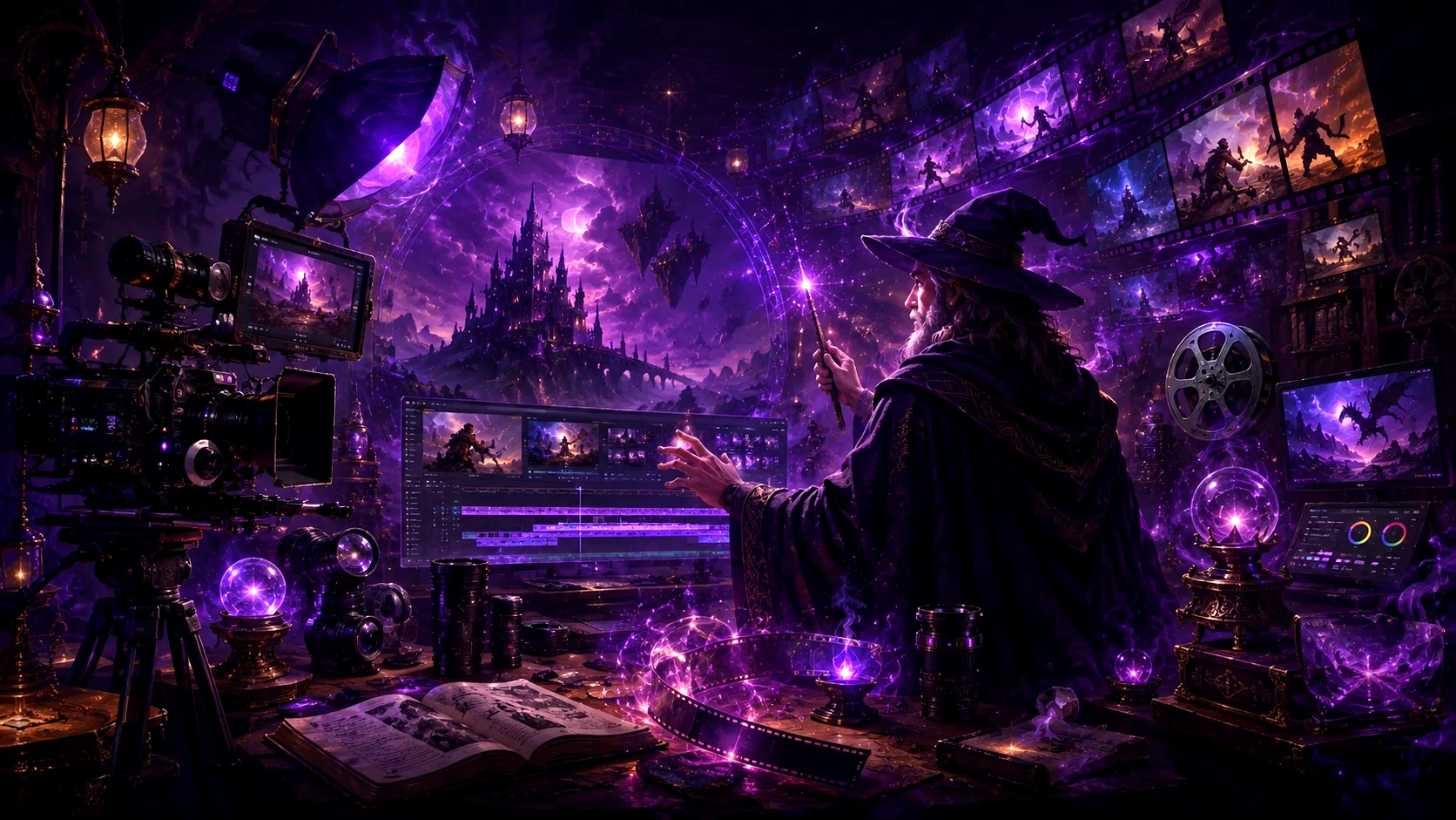 Wizard in a cinematic production studio creating video content