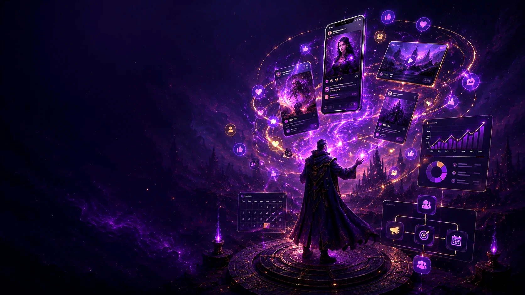 Wizard controlling social media management, posts and analytics
